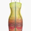 Rainbow Striped Rhinestone Bodycon Mini Dress>MICAS Best