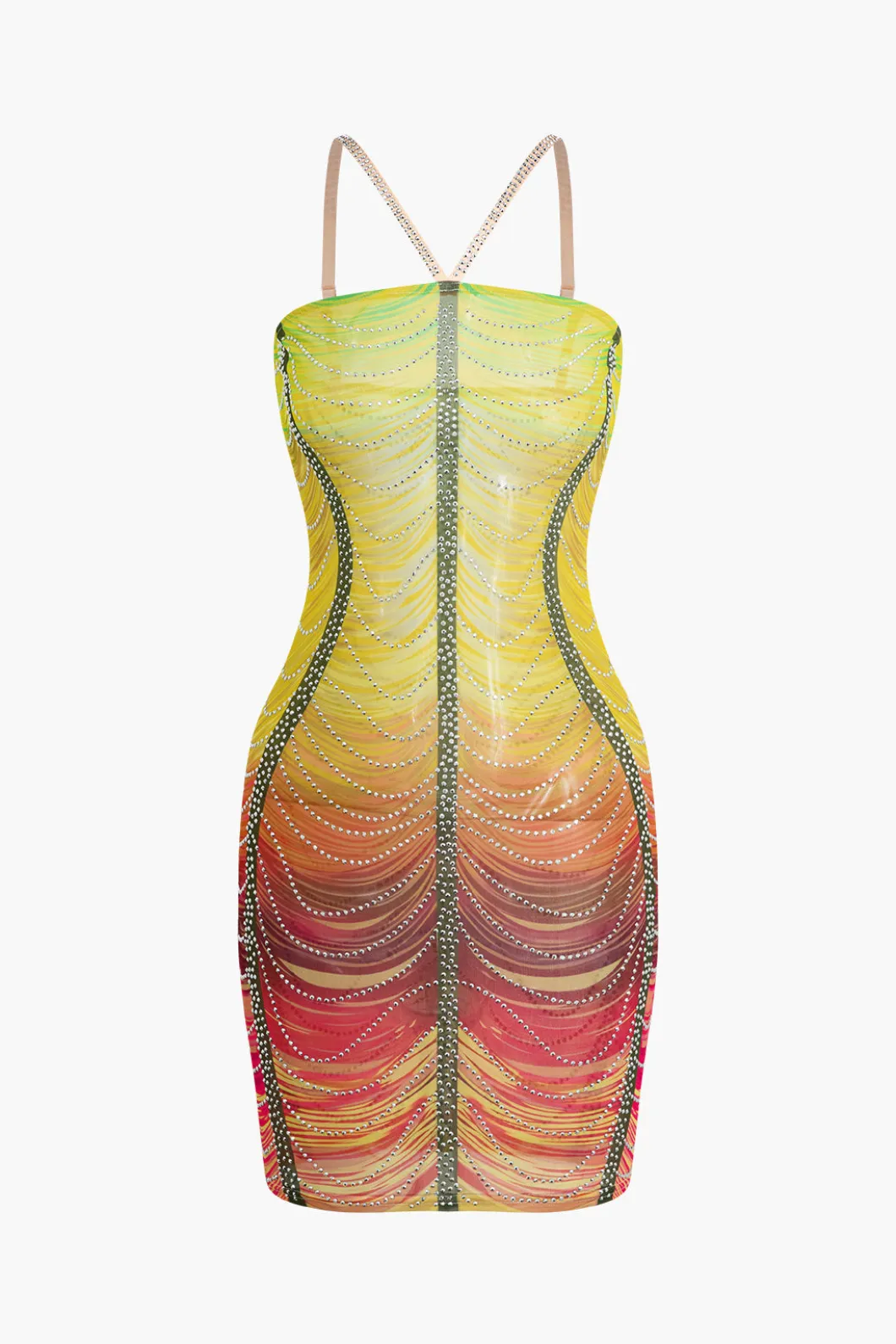 Rainbow Striped Rhinestone Bodycon Mini Dress>MICAS Best