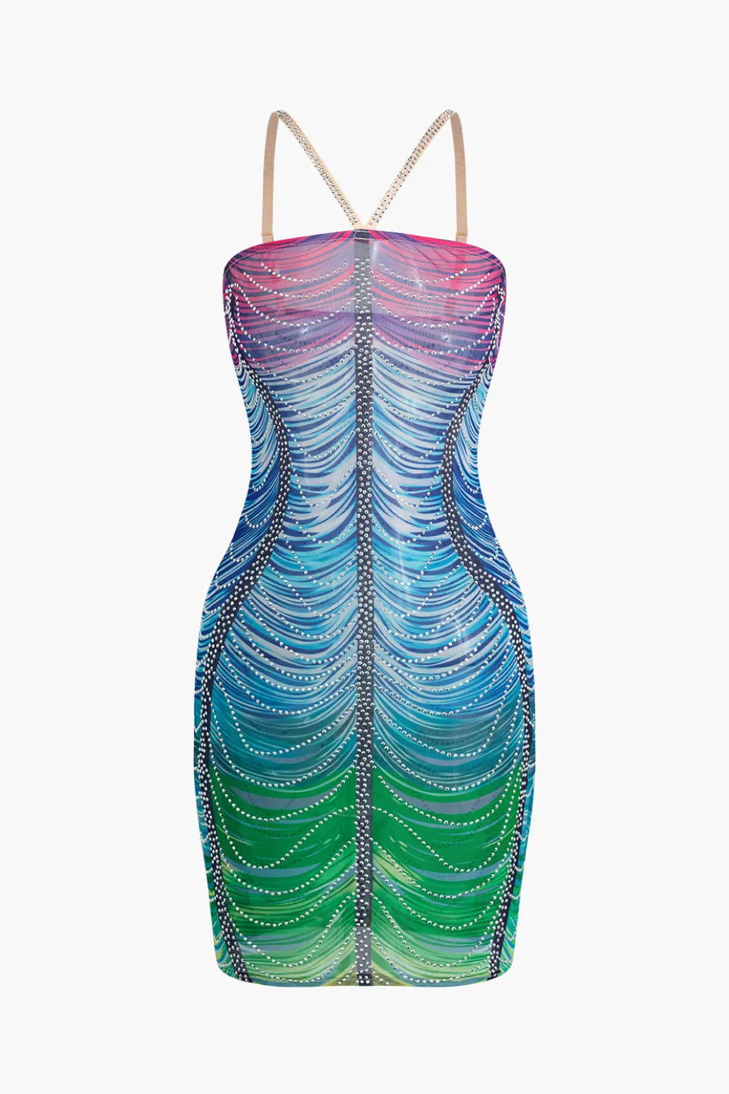 Rainbow Striped Rhinestone Bodycon Mini Dress>MICAS Best