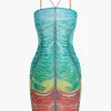 Rainbow Striped Rhinestone Bodycon Mini Dress>MICAS Best