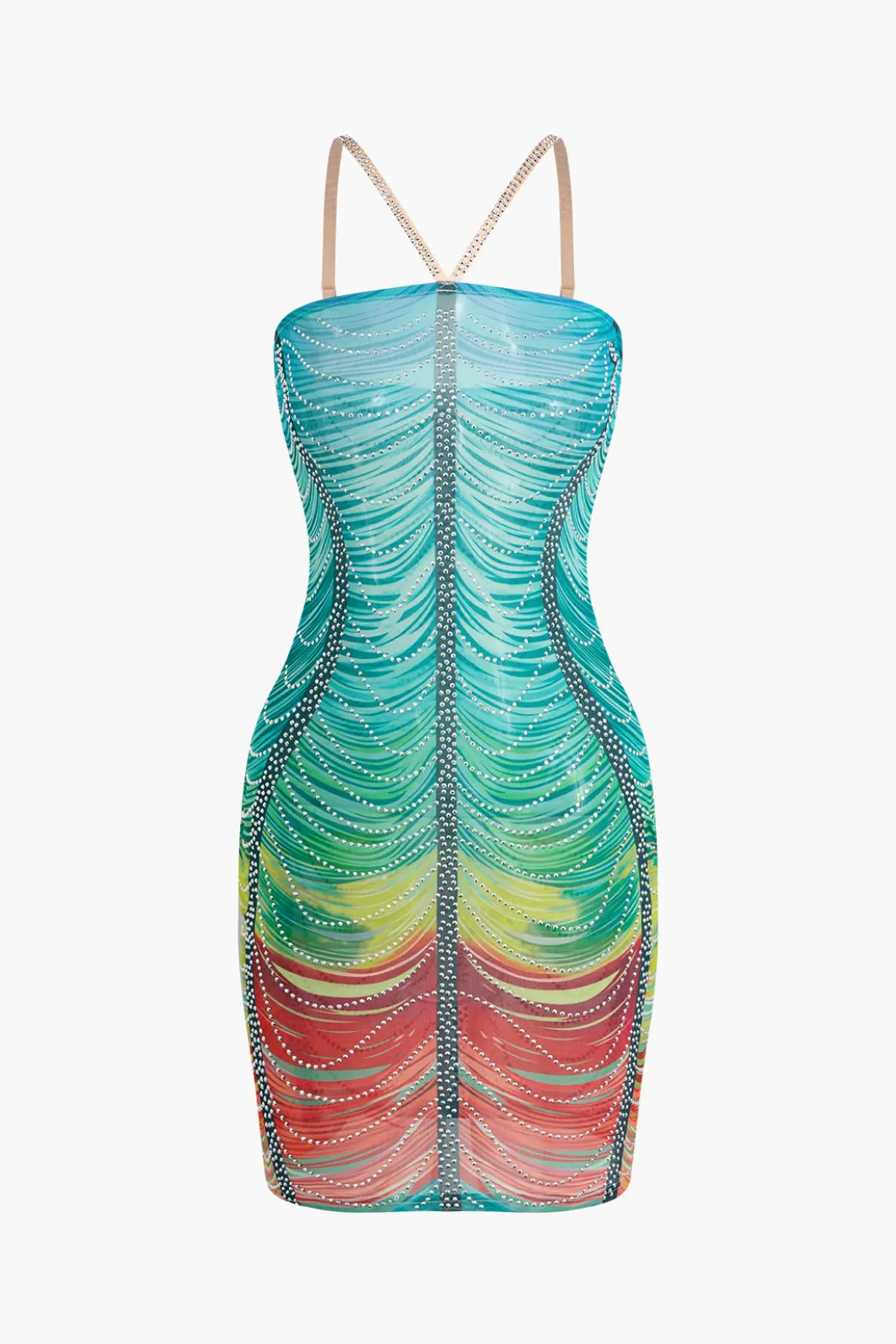 Rainbow Striped Rhinestone Bodycon Mini Dress>MICAS Best
