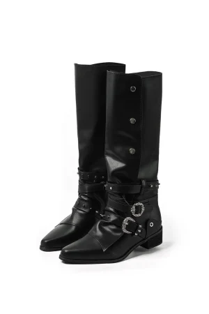 Retro Faux Leather Studded Pointed Toe Knee High Boots>MICAS Clearance