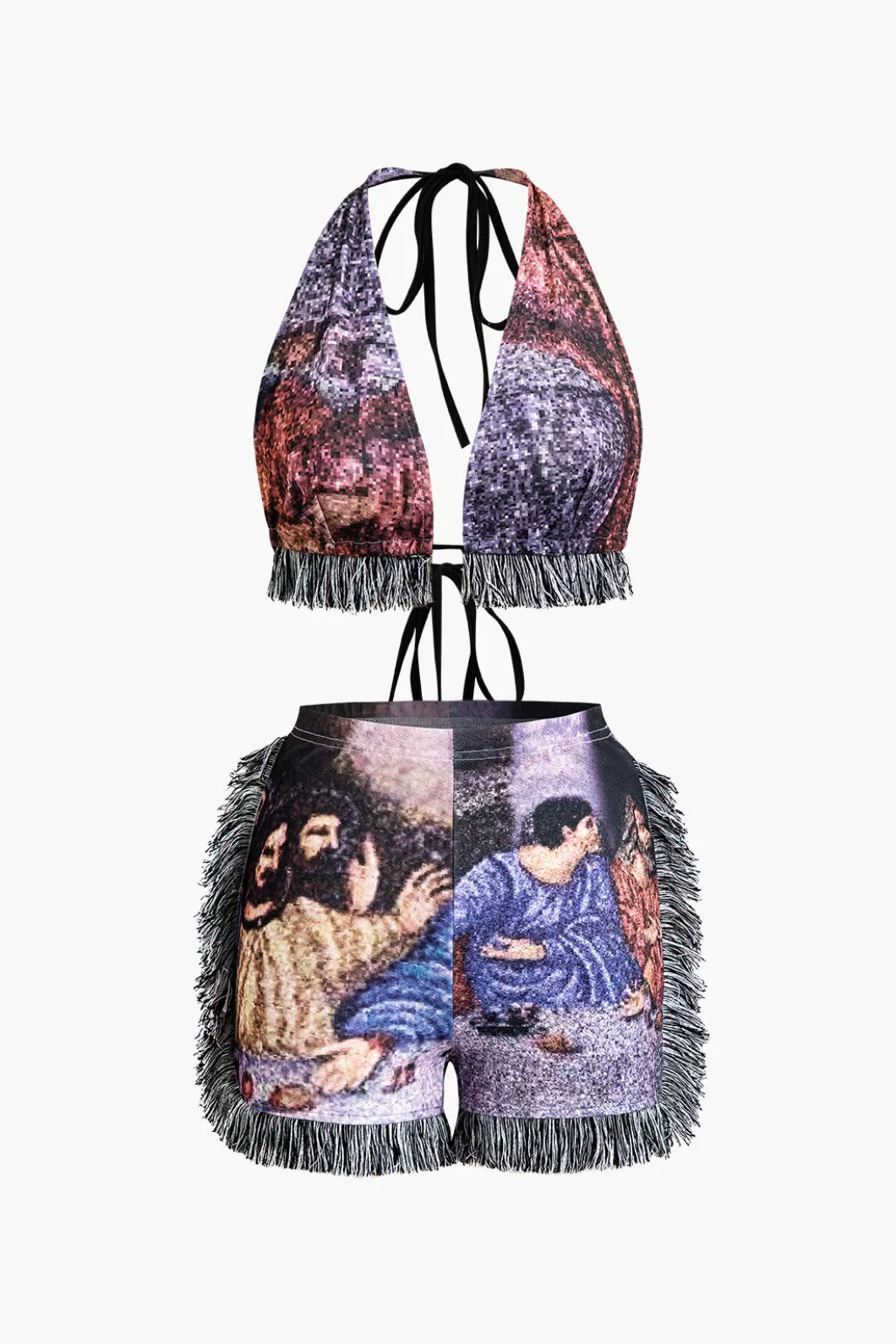 Retro Print Halter Backless Fringe Shorts Set>MICAS Sale