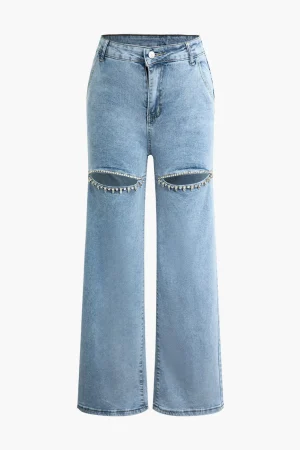 Rhinestone Embellished Cut Out Straight Leg Jeans>MICAS Outlet
