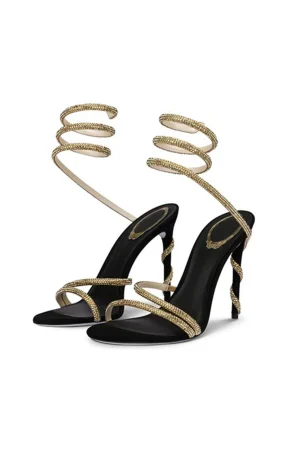 Rhinestone Embellished Open Toe High-heeled Sandals With Calf Strap>MICAS Fashion