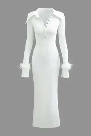 Rib Knit Button Collar Fluffy Cuff Maxi Dress>MICAS Hot