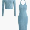 Ribbed Cardigan And Halter Dress Set>MICAS Fashion