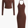Ribbed Cardigan And Halter Dress Set>MICAS Fashion