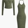 Ribbed Cardigan And Halter Dress Set>MICAS Fashion