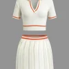 Ribbed Knit Polo Top And Pleated Skirt Set>MICAS New