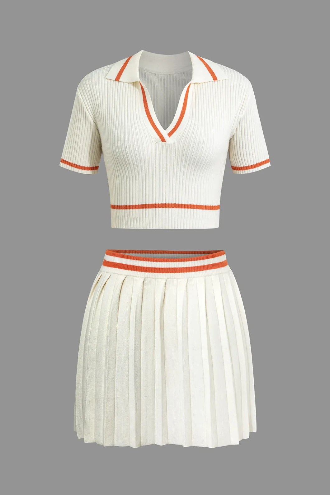 Ribbed Knit Polo Top And Pleated Skirt Set>MICAS New