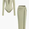 Ribbed V-Neck Bodysuit And High-Slit Midi Skirt Set>MICAS Outlet