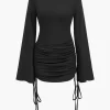 Round Neck Ruched Drawstring Bell Long Sleeve Mini Dress>MICAS New
