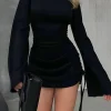 Round Neck Ruched Drawstring Bell Long Sleeve Mini Dress>MICAS New