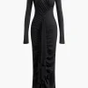 Round Neck Ruched Slit Long Sleeve Maxi Dress>MICAS New