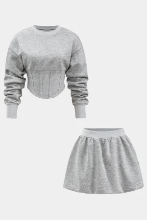 Round-Neck Corset Long-Sleeve Top And Skirt Set>MICAS Best