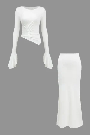 Ruched Bell Sleeve Top And Skirt Set>MICAS Outlet