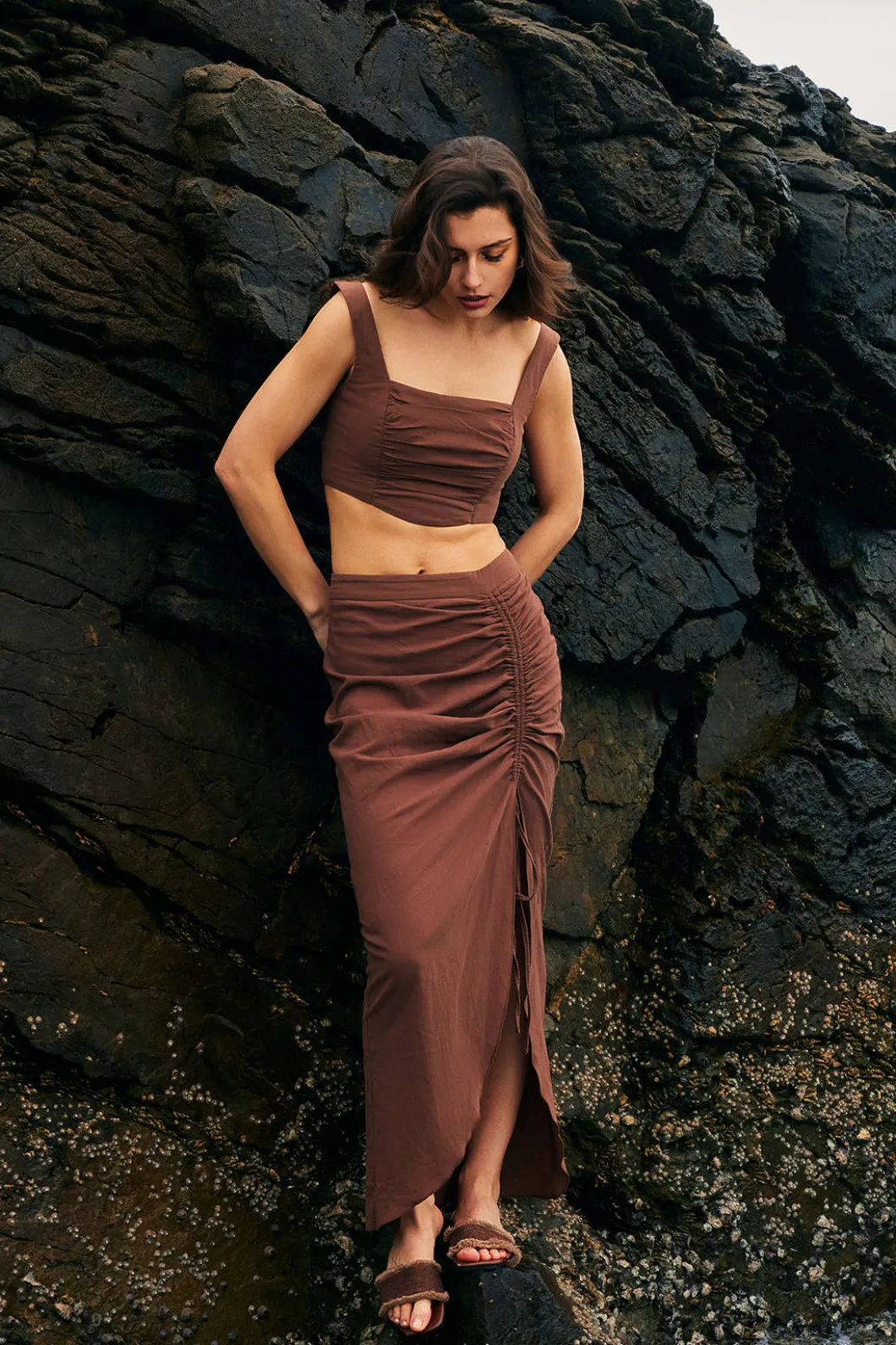 Ruched Drawstring Split Skirt>MICAS Online