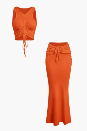 Ruched Drawstring Tank Top And Mermaid Maxi Skirt Set>MICAS Hot
