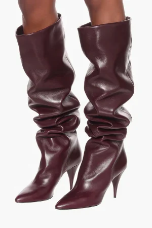 Ruched Faux Leather Pointed Toe Knee High Boots>MICAS Online