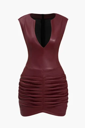 Ruched Faux Leather V-Neck Bodycon Mini Dress>MICAS Hot