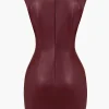 Ruched Faux Leather V-Neck Bodycon Mini Dress>MICAS Hot