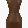 Ruched Faux Leather V-Neck Bodycon Mini Dress>MICAS Hot