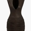 Ruched Faux Leather V-Neck Bodycon Mini Dress>MICAS Hot