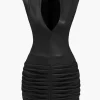 Ruched Faux Leather V-Neck Bodycon Mini Dress>MICAS Hot