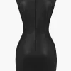 Ruched Faux Leather V-Neck Bodycon Mini Dress>MICAS Hot