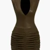 Ruched Faux Leather V-Neck Bodycon Mini Dress>MICAS Hot