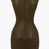 Ruched Faux Leather V-Neck Bodycon Mini Dress>MICAS Hot
