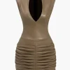 Ruched Faux Leather V-Neck Bodycon Mini Dress>MICAS Hot