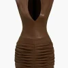 Ruched Faux Leather V-Neck Bodycon Mini Dress>MICAS Hot