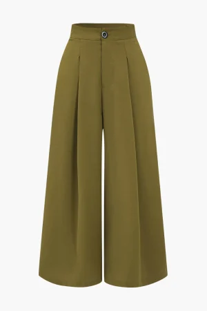 Ruched High-Waisted Wide Leg Trousers>MICAS Fashion