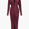 Ruched Long Sleeve V-Neck Maxi Dress>MICAS Online