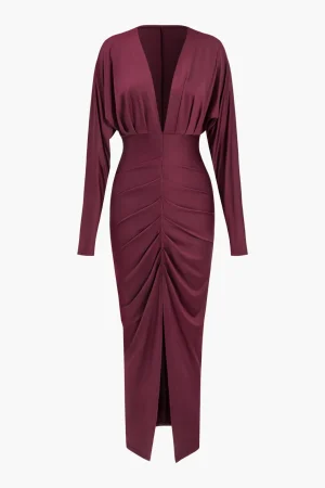 Ruched Long Sleeve V-Neck Maxi Dress>MICAS Online