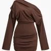 Ruched One Shoulder Long Sleeve Mini Dress>MICAS Fashion