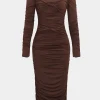 Ruched Round Neck Long-Sleeve Midi Dress>MICAS New