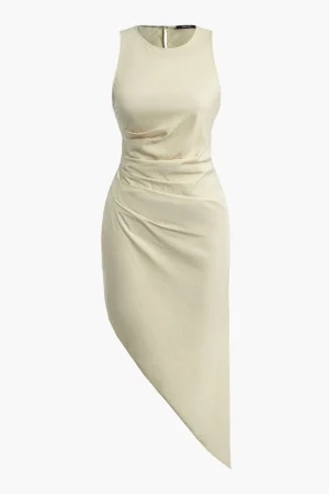 Ruched Sleeveless Asymmetric Hem Midi Dress>MICAS Hot