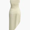 Ruched Sleeveless Asymmetric Hem Midi Dress>MICAS Hot