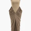 Ruched Sleeveless Round Neck Slit Maxi Dress>MICAS Fashion