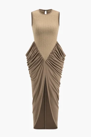 Ruched Sleeveless Round Neck Slit Maxi Dress>MICAS Fashion