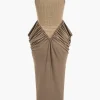 Ruched Sleeveless Round Neck Slit Maxi Dress>MICAS Fashion