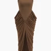 Ruched Sleeveless Round Neck Slit Maxi Dress>MICAS Fashion