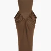 Ruched Sleeveless Round Neck Slit Maxi Dress>MICAS Fashion