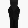 Ruched Sleeveless Round Neck Slit Maxi Dress>MICAS Fashion