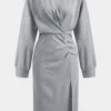 Ruched Slit Round Neck Long Sleeve Midi Dress>MICAS Discount