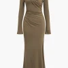 Ruched V-Neck Long Sleeve Maxi Dress>MICAS Discount