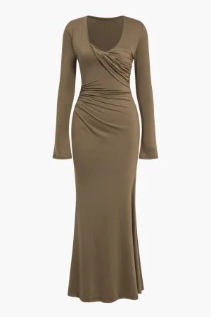 Ruched V-Neck Long Sleeve Maxi Dress>MICAS Discount